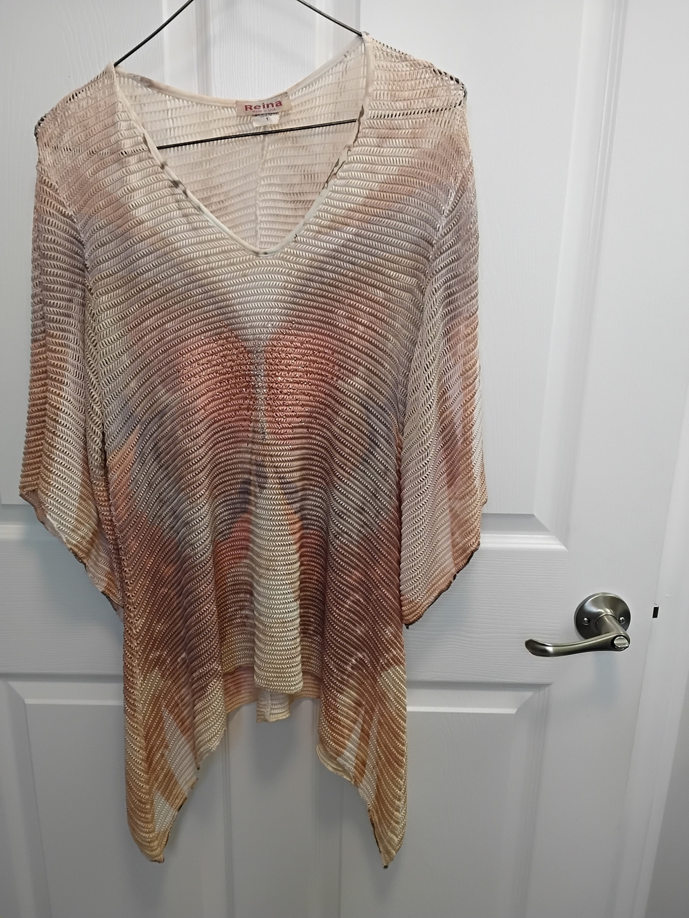 REINA Pastal Ombre Sheer Knit Asymetrical V-Neck Sequined Embellished Top